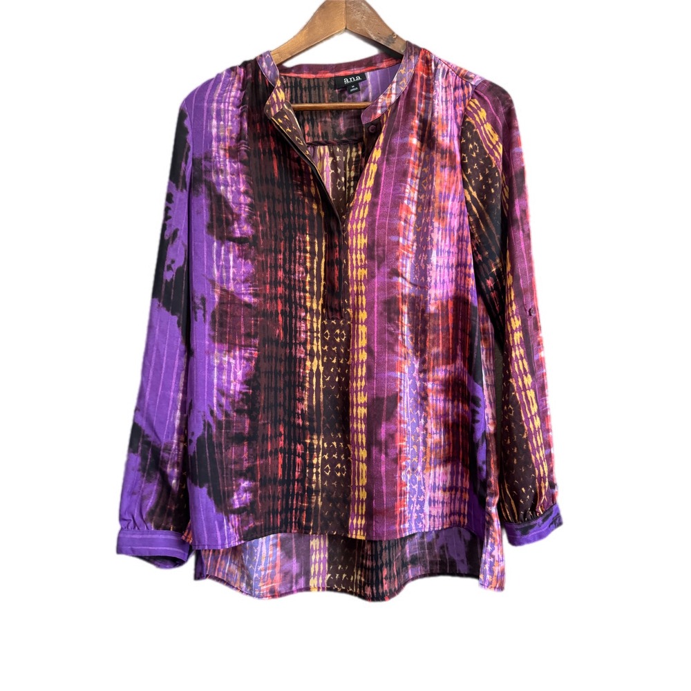 a.n.a Blouse Womens Medium Purple Orange Tie Dye Split Neck High Low Excellent